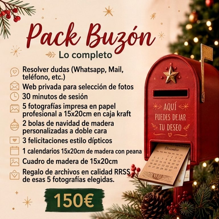 Cartel del Pack Buzón, el paquete más completo de fotos de Navidad en San Fernando Cádiz.