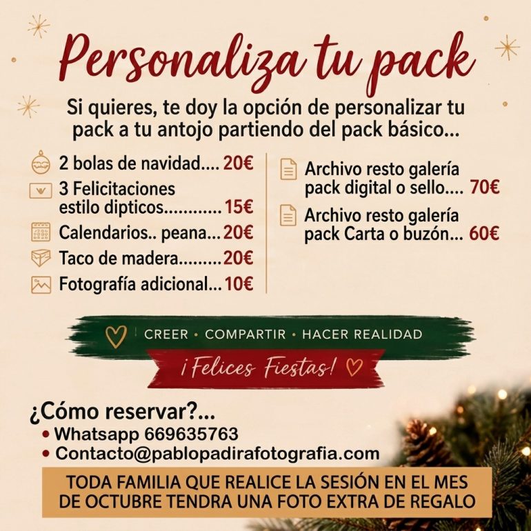 Opciones para personalizar el pack navideño y oferta de foto extra por reservar en octubre con Pablo Padilla Fotografía en San Fernando.